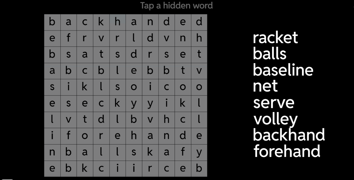 Tennis Word Search Game
